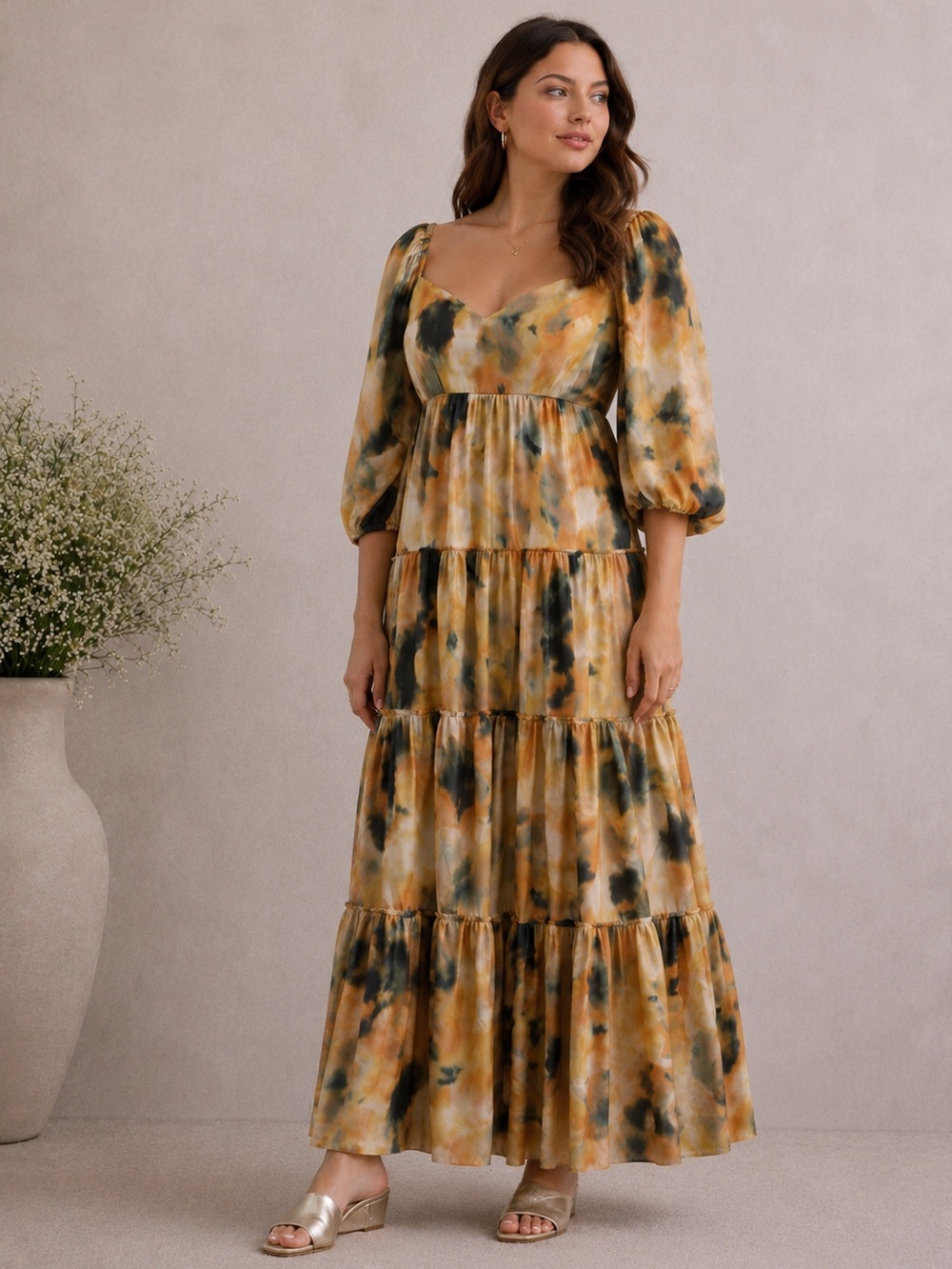 Skies Are Blue Abstract‎ Watercolor Maxi Dress NWT XL Flowy Tiered Satin Shimmer